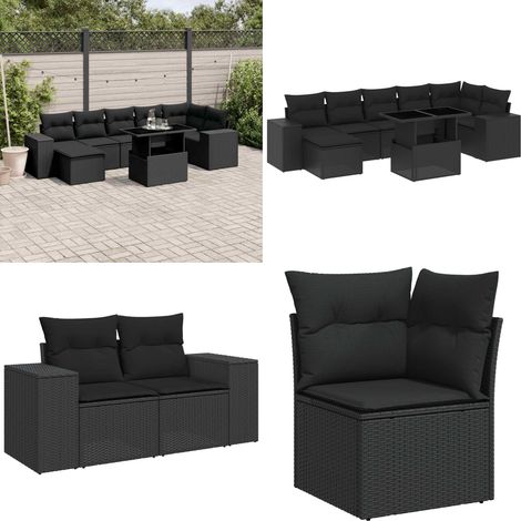 Salon de jardin 8 pcs avec coussins noir résine tressée - Salon De Jardin - Meuble Extérieur - Set Salon - Résine Tressée - Rotin Synthétique - Home & Living (1/5)