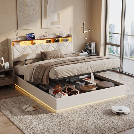 BLANKETSWARM - Lit coffre 140x200 avec sommier, Lit rembourré avec ports USB - Éclairage LED - Rangement tête de lit - Lin - Beige (1/5)