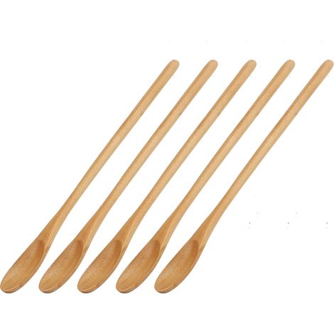 Ensemble de 5 cuillères en bois ovales, légères et confortables à long manche, idéales pour remuer le café, le thé et le sucre. (1/5)