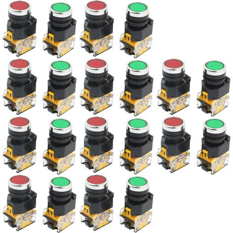 Lot de 20 interrupteurs à bouton-poussoir momentanés DPST rouge/vert, montage 22 mm, 10 A, 380 V (1/4)