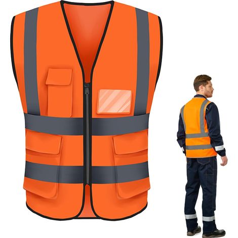 1PCS Gilet De Sécurité Réfléchissant Haute Visibilité,Gilet de Sécurité,Vêtements Travail Directeur Exécutif Veste Zip Brace Sécurité Téléphone Mobile Titulaire D'identité De Poche 3D