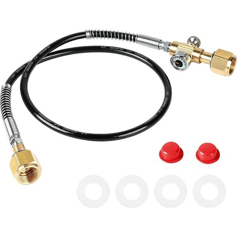 Tuyau de transfert haute pression de 1 m, à raccord droit avec manomètre 2×W21,8×1/14" DIN477 300 bars pour CO₂, argon, hélium, azote (100 cm) (1/5)