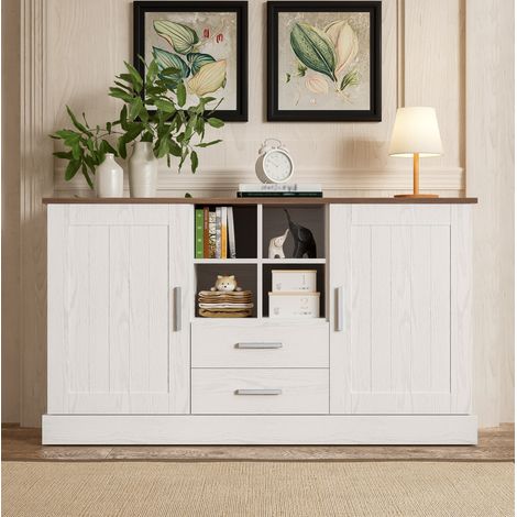 Aparador de tablero de partículas blanco y marrón efecto veta de madera 140x40x79,5 cm con 2 puertas y 2 cajones (1/5)