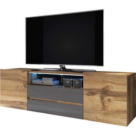 Selsey - TV-Lowboard BROS matte Holzoptik Wotan Eiche/Grau Hochglanz mit LED-Beleuchtung, stehend, modern, 137 cm (1/4)