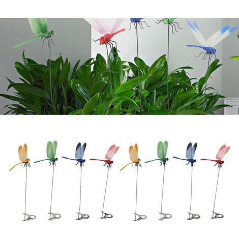 Juego de 8 pinzas con forma de libélula, fabricadas en PVC impermeable, para decorar jardines y patios. (1/5)