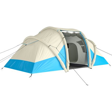 Tente gonflable, facile à monter, conçue pour 4 personnes, 2 chambres, bleue.
