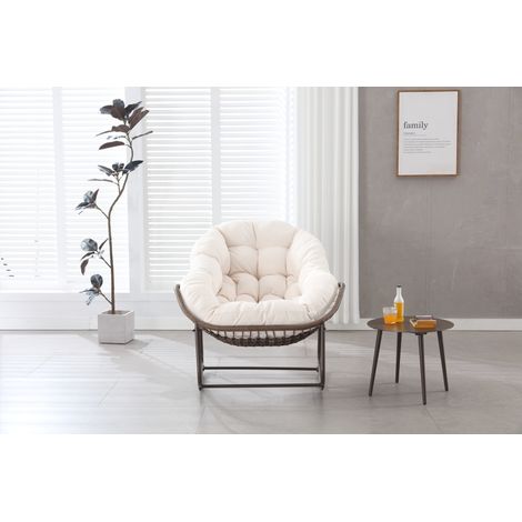 Fauteuil à bascule d'extérieur en rotin tressé blanc avec coussin épais, chaise longue spacieuse pour jardin, balcon et terrasse (1/5)
