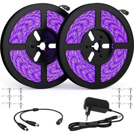 Striscia LED UV da 2 pezzi, striscia di luce nera da 5 m, 395 m-405 nm, 300 LED, illuminazione atmosferica ultravioletta per body painting, vernice al neon, Halloween, Natale