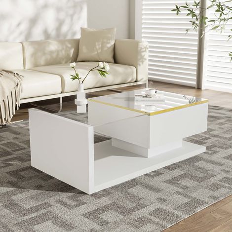 Table basse LED 90 cm blanc brillant avec plateau en verre trempé, meuble salon avec rangement, éclairage 16 couleurs, design moderne (1/5)