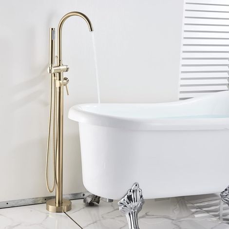 Mitigeur de baignoire autoportant or brossé – Bec à cascade – Douche à main avec tuyau 1500mm – Design moderne et élégant (1/5)