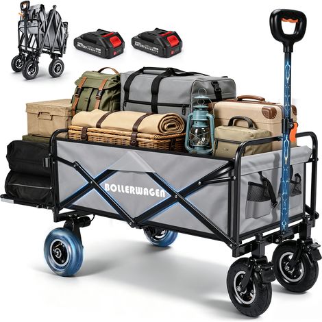 240L Chariot Électrique Gris Pliable Capacité 80kg Électrique /120kg Manuel 2 Moteurs Sans Balais 50W Roues Gonflables Jante Aluminium Compatible Makita 14,4V pour Camping Jardin Courses (1/5)
