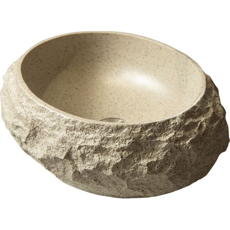 Lavabo ovalado irregular de resina de 50 cm con estampado de piedra, estilo artístico, sin grifo, color beige.