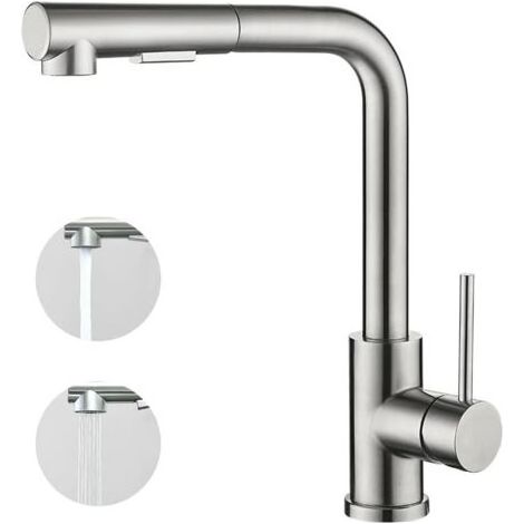 Mitigeur de cuisine avec douchette extractible, Monocommande, Rotation à 360°, 2 modes de pulvérisat Robinet d'évier cuisine - Brossé (1/5)