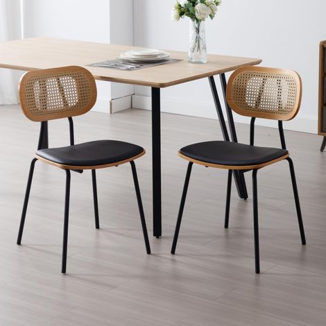 Wahson Juego de 2 Sillas de Comedor de Madera con Respaldo de Ratán y Asiento Tapizado en Piel Sintética PU, para Cocina, Salón y Restaurante, Negro