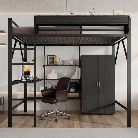 Lit mezzanine métal et MDF noir 140x200 cm avec bureau intégré, armoire, rangement et sommier à lattes (1/5)