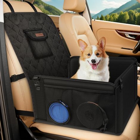 Siège Auto Chien Sécurisé Imperméable et Anti-Griffes, Filet de Rangement et Ceinture Sécurité Adjustable, Installation Facile sur Siège Passager pour Chiens de Petite et Moyenne Taille, Noir (1/5)