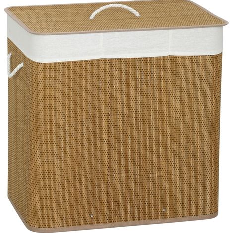 Cesto para ropa de bambú con tapa, 3 compartimentos, 144 L, con asas de cuerda (1/5)