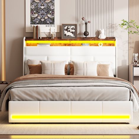 Polsterbett 140x200 cm mit Bettkasten, Doppelbett für Erwachsene mit hydraulischem Lattenrost, LED-Beleuchtung (Kopf- und Fußteil) und USB-Anschluss, PU und Metall, Weiß