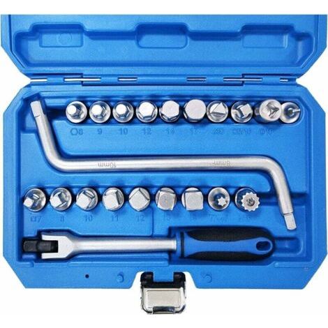 Kit de 21 pièces 3/8 pour bouchon de vidange d'huile avec douille à six pans creux triangle Torx Spline Bit, clé de 8-10mm pour bouchon de vidange d'huile Outil de réparation automobile