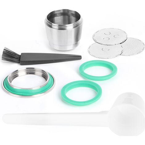 Kit de capsules café réutilisables en acier inoxydable, surface lisse, compatibles avec machine Nespresso.
