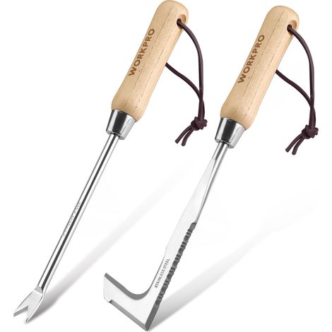 WORKPRO 2 Pièces Desherbeur Manuel, Couteau Désherbeur, Désherbeur Manuel en Acier Inoxydable avec Poignée Bois, Arrache Mauvaise Herbe, Outil Désherbage pour Jardin (1/5)