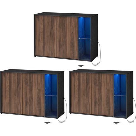 SONGMICS HOME Assemblage Ultra-rapide sans Outils Toolless, Buffet, Lot de 3, Meuble de Rangement, Meuble TV, Avec Éclairage et Étagère en Verre, Minimaliste, Noyer Naturel et Noir Boisé (1/5)