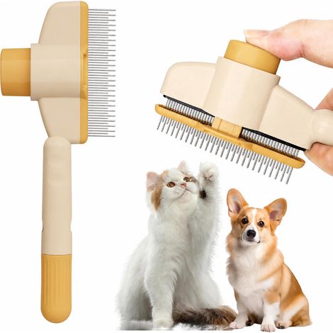 Brosse autonettoyante anti-poils pour chats et chiens avec bouton de dégagement – Dents en acier inoxydable, pointes arrondies, poignée ABS (1/5)