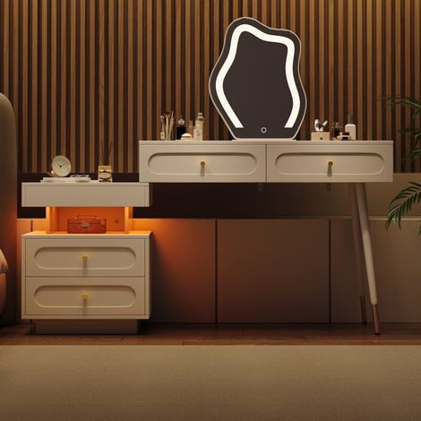 Coiffeuse blanche avec miroir à éclairage LED intégré, 4 tiroirs spacieux et 1 étagère ouverte. Dimensions 140x40x130 cm (sans tabouret) (1/5)