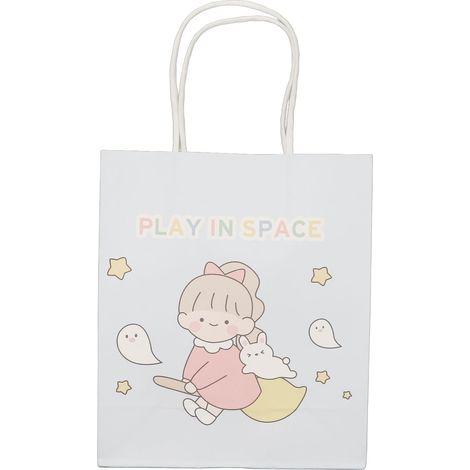 Lot de 12 sacs cadeaux à motifs de dessins animés, réutilisables, mini sacs cadeaux en papier kraft blanc de grande capacité avec poignées, adaptés au travail, à l'école, etc., taille 3. (1/5)