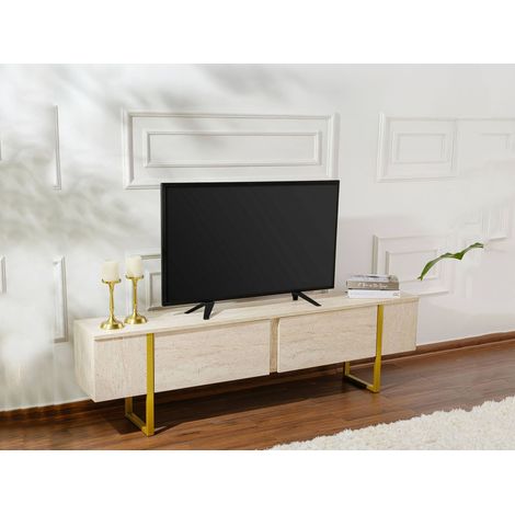 Dmora - Mobile porta TV Lilith, Credenza da soggiorno, Armadio basso per TV, Base parete attrezzata, 180x30 h50 cm, Beige e Oro (1/5)