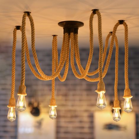 6 Lights Hemp Rope Ceiling Light Industrial Vintage Pendant Lights Retro Pendant Light for Living Room Balcony E27 (1/5)
