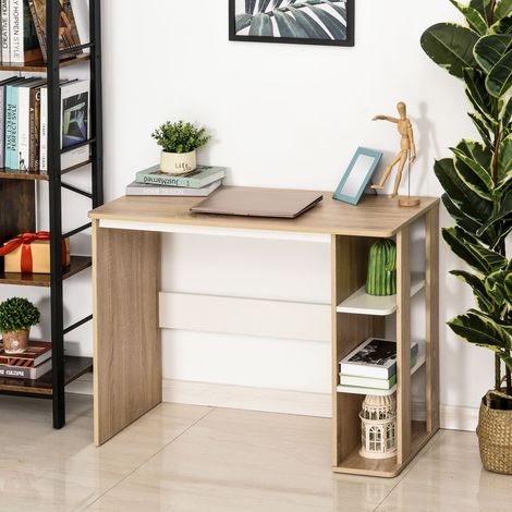 Bureau Informatique Table d'ordinateur dim. 100L x 44l x 74H cm 3 étagères latérales en Bois Couleur chêne Clair Blanc