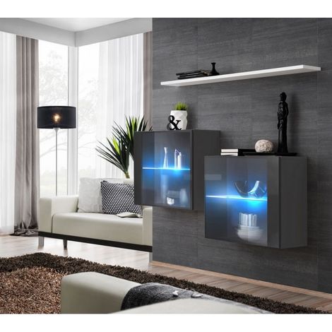 Commode - Switch SB III - 2 vitrines LED - 1 étagère - Blanc et graphite - Modèle 2 - Livraison gratuite