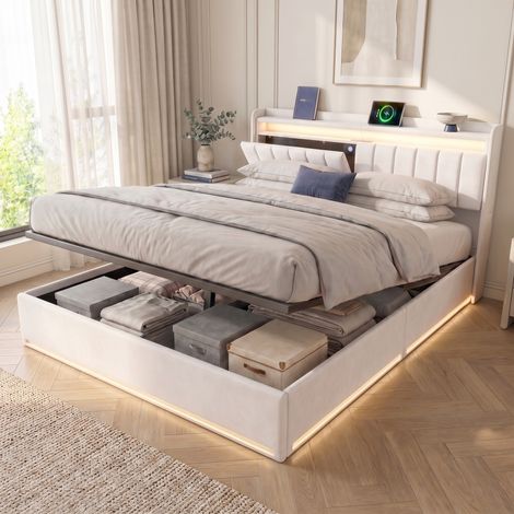 Lit coffre 160x200 cm en velours, lit double adulte avec Éclairage LED RGB, tête de lit multifonction avec station de charge USB, Beige