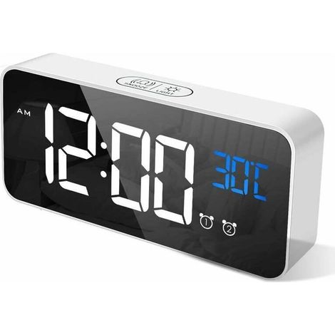 Reloj despertador digital LED, reloj despertador digital, reloj de escritorio con espejo, reloj despertador de viaje recargable por USB con 2 alarmas/función de repetición/temperatura. (1/5)