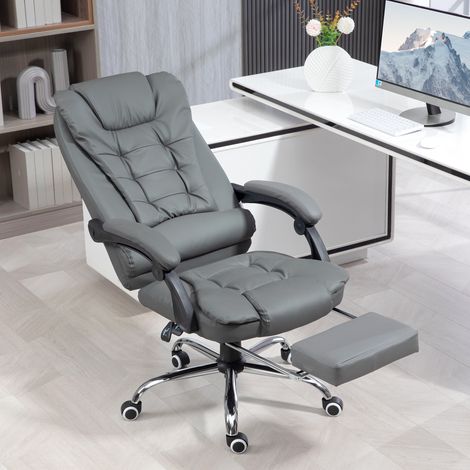 Silla de oficina ejecutiva ergonómica de cuero sintético PU, reclinable hasta 145°, con respaldo alto y giratoria, altura ajustable y reposapiés extraíble, color gris.