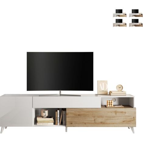Modernes Design TV-Schrank weiß Holz Schublade 2 Türen 241x42x94cm Clere - Eiche - Weiß glänzend (1/5)
