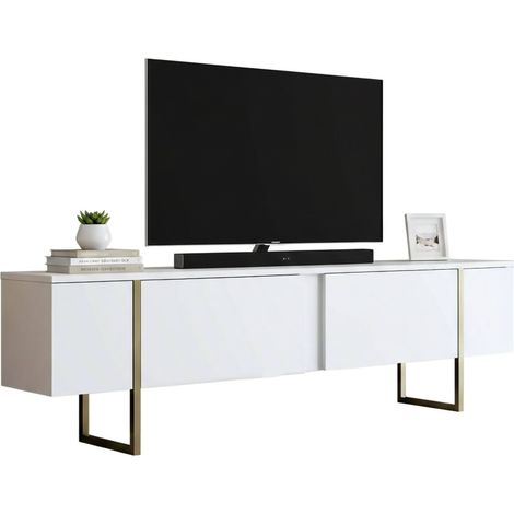 Dmora - Mueble de televisión Dgridell, Aparador de salón, Mueble bajo para TV, Base de pared equipada, 180x30h50 cm, Blanco y Oro
