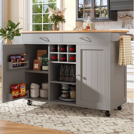 Isla de cocina 102/45/92 cm en gris con ruedas y espacio de almacenaje (1/5)