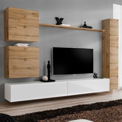 Meuble TV Mural Design "Switch VIII" 280cm Naturel & Blanc (1/4)