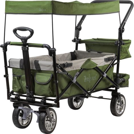 Carrello a mano Zelsius pieghevole con tetto, verde/grigio, carrello di trasporto con sistema a cinghia, carrello da spiaggia (1/5)