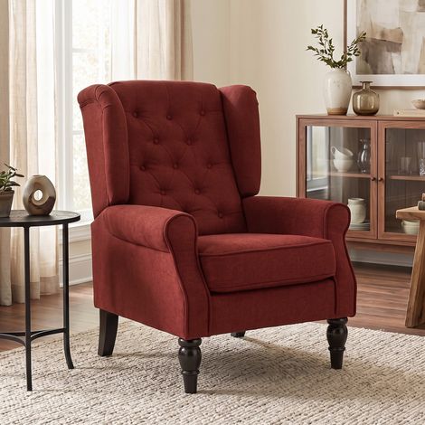 Fauteuil de chambre en velours de glace avec large siège et pieds en bois d‘eucalyptus, rouge vin (1/5)
