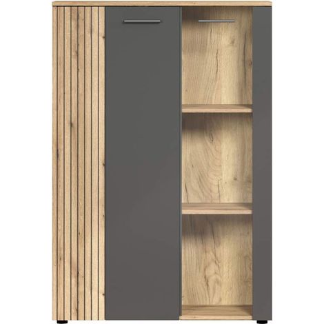 Calicosy – Vitrine 3 portes 90x34x132 cm en panneaux de particules mélaminés – Décor chêne et anthracite – Rangement optimisé avec étagères (1/5)