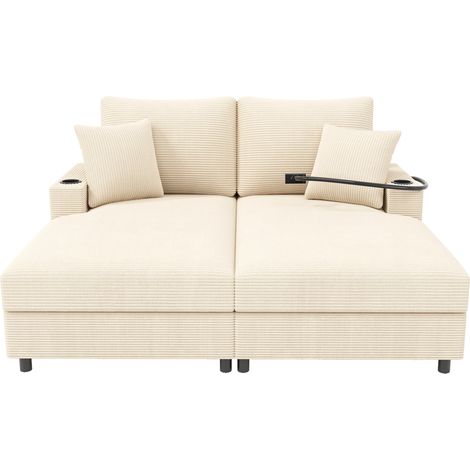 Canapé 2 places avec fonction lit, tissu velours côtelé beige, avec porte-gobelets et ports USB (1/5)