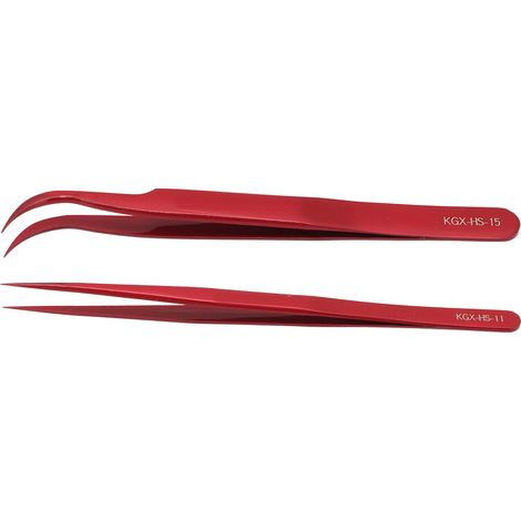 Ensemble de pinces de précision antimagnétiques en alliage d'aluminium, à pointes coudées et droites, adaptées au soudage de circuits imprimés, rouges. (1/5)