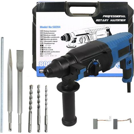 Perceuse rotative à percussion 4 modes, 800 W, 7 A, avec 3 mèches, burin plat et pointu, étui inclus (gris)