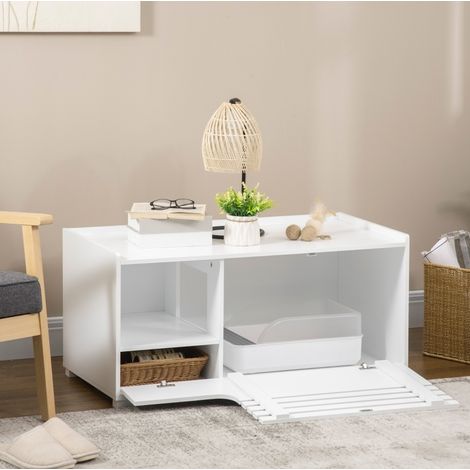 Meuble litière pour chat 2-en-1 avec 2 étagères, porte magnétique, design surélevé et finition blanche, pour rangement et déco, 90 x 48 x 43,5 cm  CHICFURN (1/5)