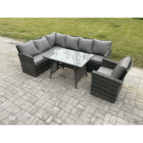 Fimous Wicker Rattan Garden Furniture Corner Sofa Set with Oblong Dining Table Armchair 7 Seater Outdoor Rattan Set Dark Grey Mixed