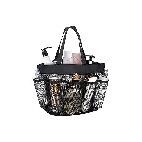 QAZQA Sac de Douche Pliable Portable Avec Poignée, Sac de Plage Multifonction en Maille Avec 8 Compartiments pour le Camping le Rangement à la Maison pour Articles de Toilette Vêtements (Noir)