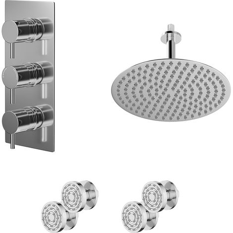 Circo Polished Chrome Concealed Triple Thermostatic Shower Valve and 300mm Round Head with 150mm Ceiling Arm and 4 Body Jets - 2 Outlet (1/5)